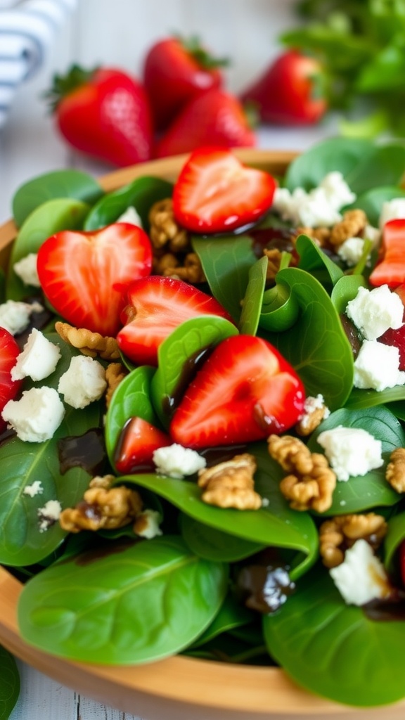 A colorful spinach salad with strawberries, walnuts, and feta, served in a wooden bowl with balsamic dressing.